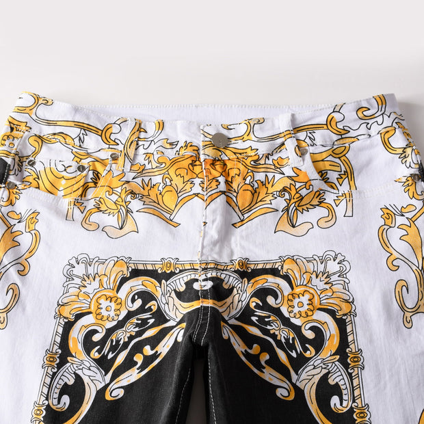 Color dial craft printing personality retro small straight denim trousers