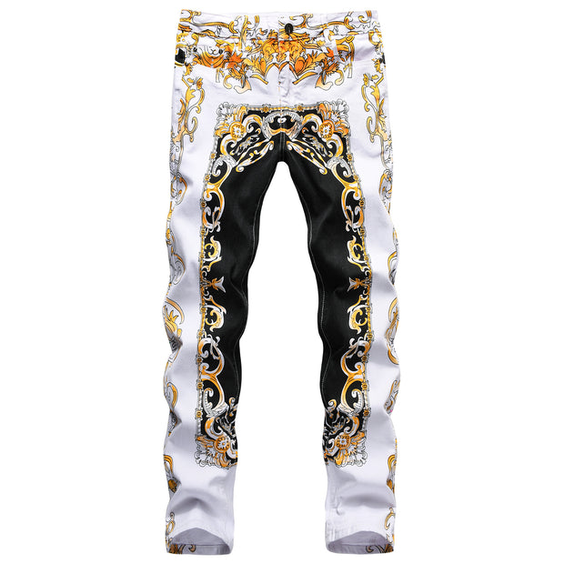 Color dial craft printing personality retro small straight denim trousers