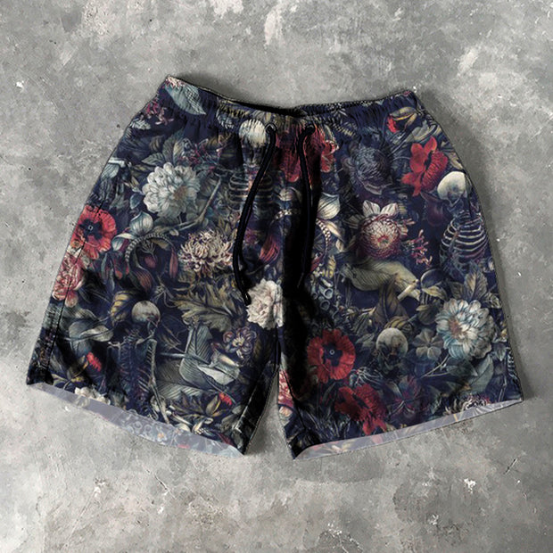Skull Flower Print 5 Inseam Shorts