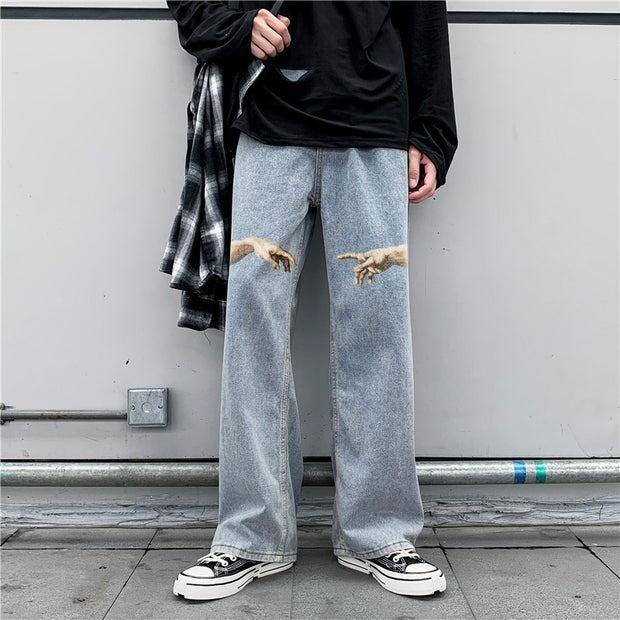 Retro street style print fashion trousers jeans