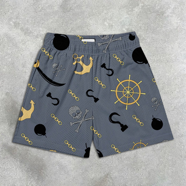 Skull Anchor Print Elastic Shorts