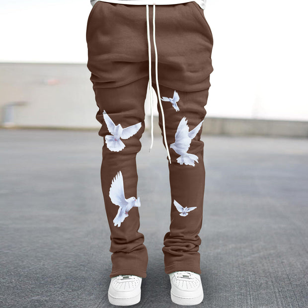 Retro artistic dove print flared trousers