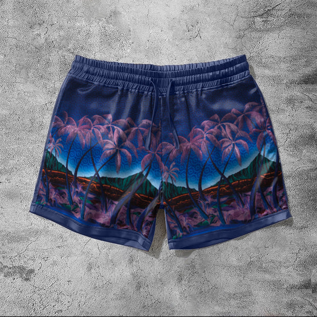 Fashion Coconut Tree Printed Holiday Casual Silky Shorts
