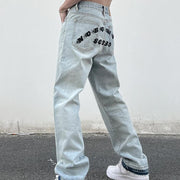 Raw Edge Letter Print Jeans Loose Hip Hop Casual Straight Pants