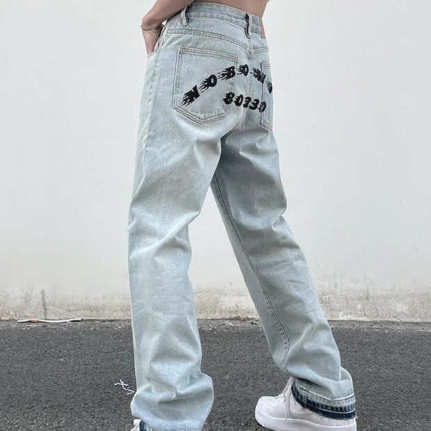 Raw Edge Letter Print Jeans Loose Hip Hop Casual Straight Pants