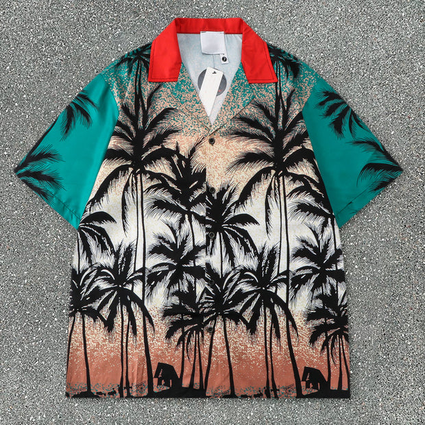 Printed Coconut Beach Loose Short Sleeve Shirt Shorts Set