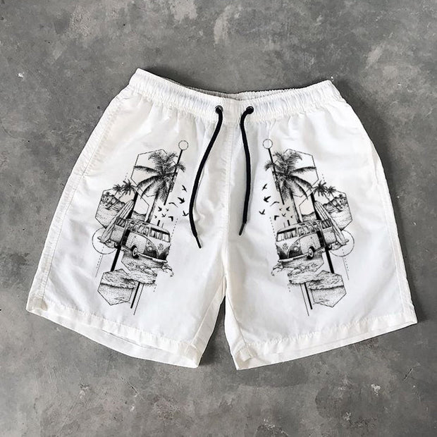 Graffiti coconut tree print Hawaiian shorts
