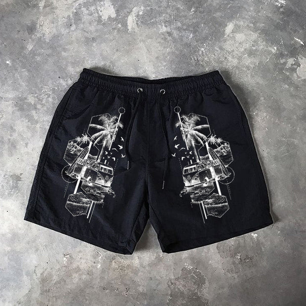 Graffiti coconut tree print Hawaiian shorts