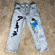Fashion printed street style casual denim trousers