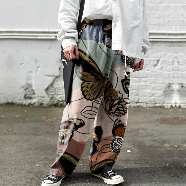 Butterfly retro print loose street casual trousers