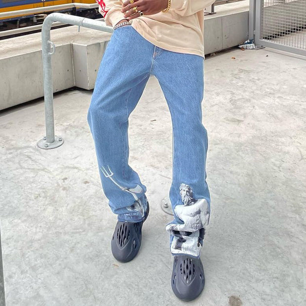Casual Print Denim Trousers
