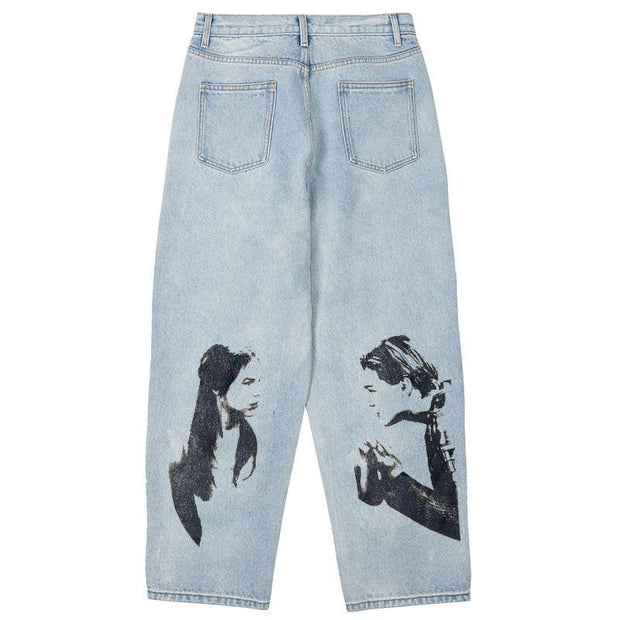 Fashion hip-hop denim washed blue trousers