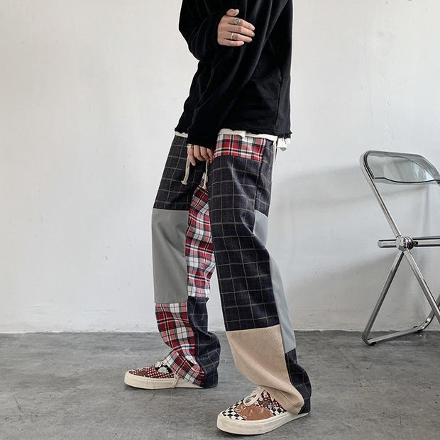 Plaid pants men's high street straight casual trousers sports overalls