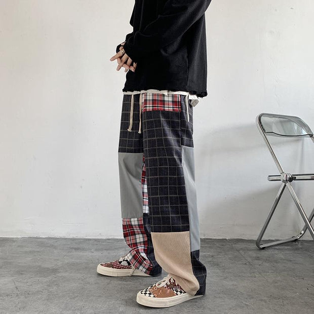 Plaid pants men's high street straight casual trousers sports overalls