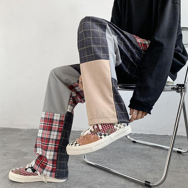 Plaid pants men's high street straight casual trousers sports overalls