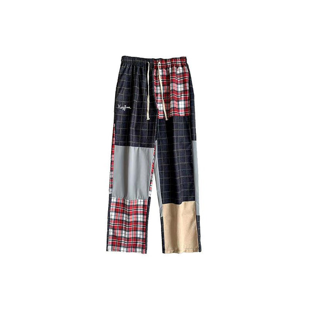 Plaid pants men's high street straight casual trousers sports overalls