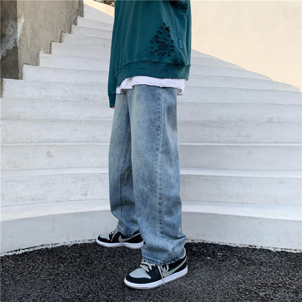 Straight all-match denim cropped trousers loose casual wide-leg pants