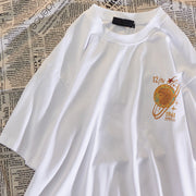 American retro short-sleeved planet healing T-shirt with bronzing print