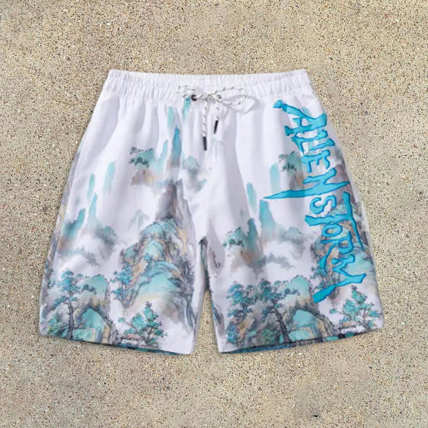 Scenic Graffiti Print Drawstring Shorts