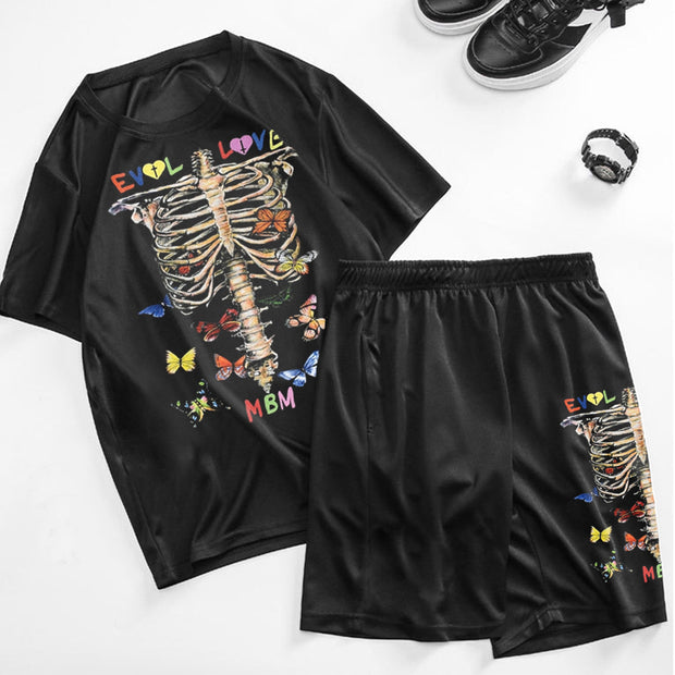 Street Skull Butterfly Print Short Sleeve Set