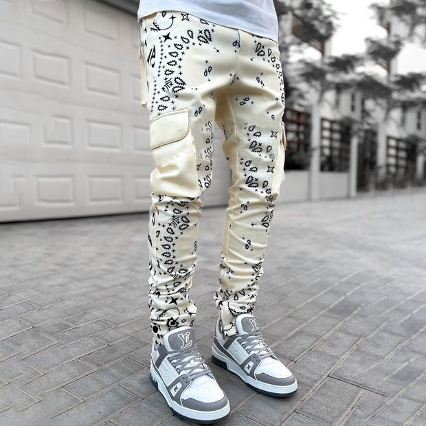 Casual fashion street style cashew flower print slim overalls trousers