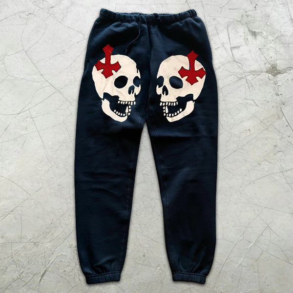 Skull and Cross Graphic Print Elastic Sweatpants