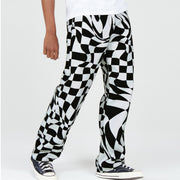 Washed statement diamond print straight-leg jeans