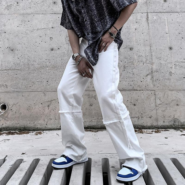 High street stitching raw edge loose straight tube trend wild mopping drape white jeans men