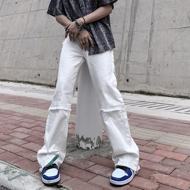 High street stitching raw edge loose straight tube trend wild mopping drape white jeans men