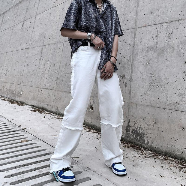 High street stitching raw edge loose straight tube trend wild mopping drape white jeans men