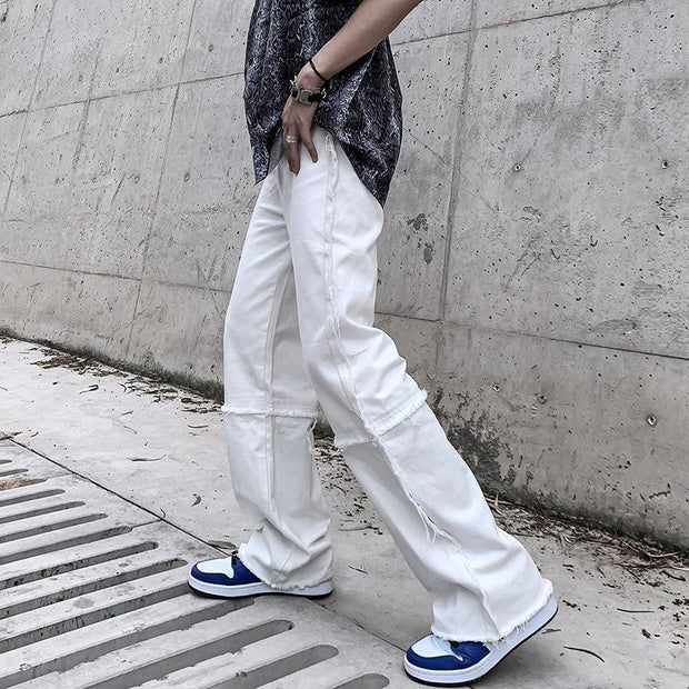 High street stitching raw edge loose straight tube trend wild mopping drape white jeans men