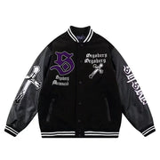Embroidered paneled leather vintage baseball jacket