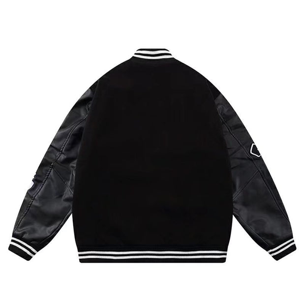 Embroidered paneled leather vintage baseball jacket