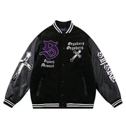 Embroidered paneled leather vintage baseball jacket