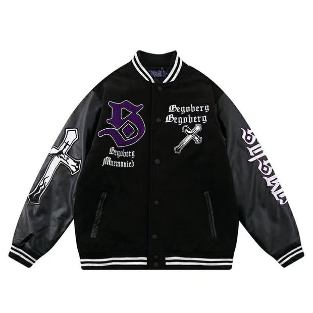 Embroidered paneled leather vintage baseball jacket