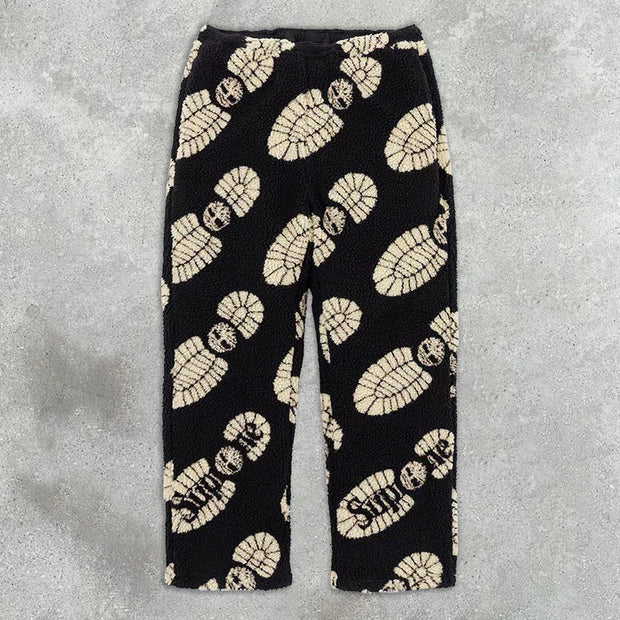 Casual stepping foot prints home outdoor lamb velvet trousers