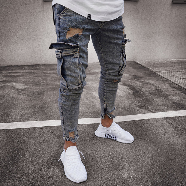 Trendy knee ripped zipper pencil denim trousers