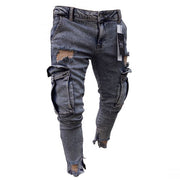 Trendy knee ripped zipper pencil denim trousers