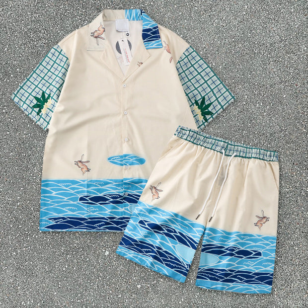 Casual Printing Cartoon Digital Loose Short Sleeve Shirt Shorts Set
