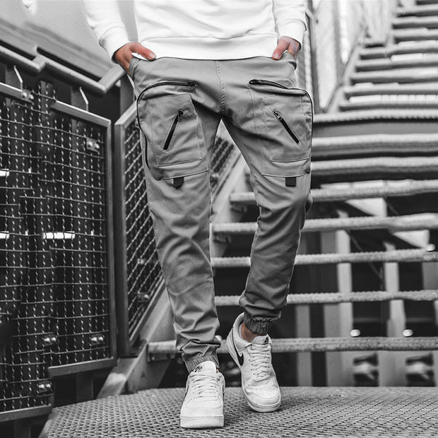 Men's workwear trousers, woven multi-pocket casual pants, drawstring pants