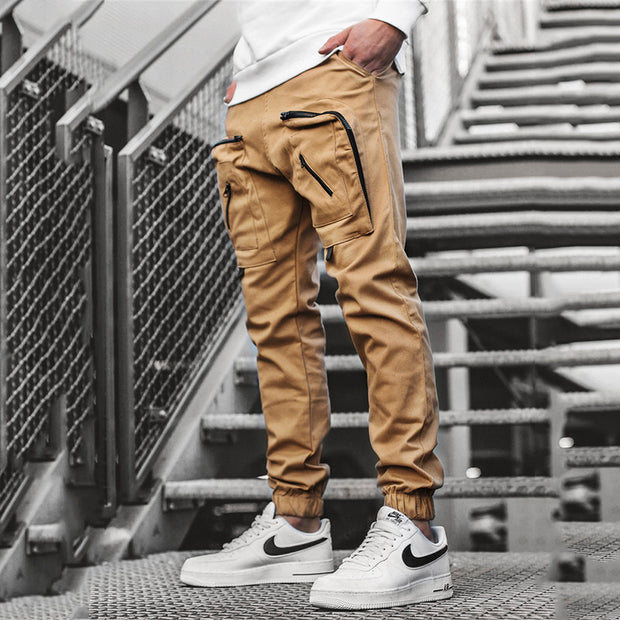 Men's workwear trousers, woven multi-pocket casual pants, drawstring pants