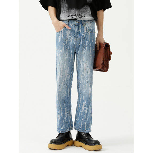 Frayed design straight leg fashion loose casual jeans men