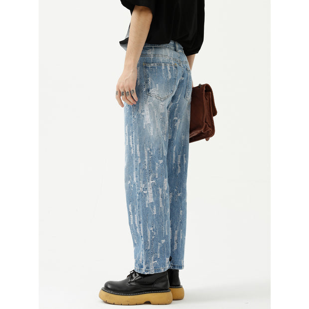 Frayed design straight leg fashion loose casual jeans men