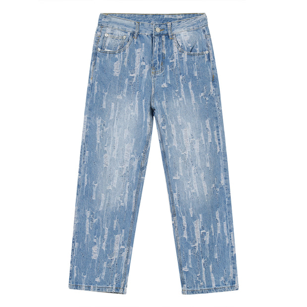 Frayed design straight leg fashion loose casual jeans men