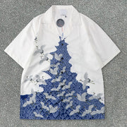 Crane Blue and White Loose Short Sleeve Shirt Casual Shorts Suit