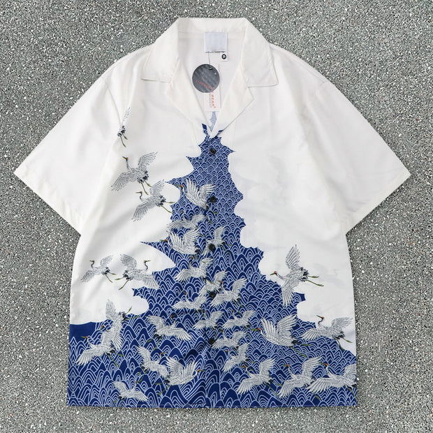 Crane Blue and White Loose Short Sleeve Shirt Casual Shorts Suit