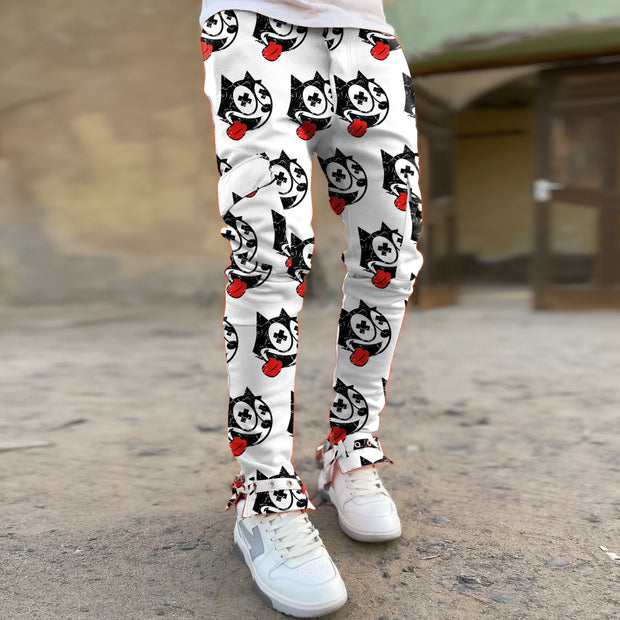 Cartoon pattern street perforated lace-up slim overalls