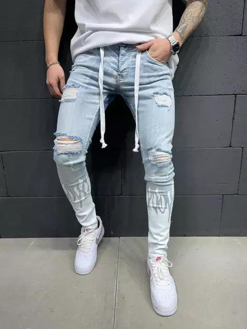 Flaming hole scratched print contrast colorblock sskinny jeans