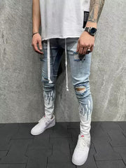 Flaming hole scratched print contrast colorblock sskinny jeans
