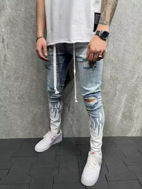 Flaming hole scratched print contrast colorblock sskinny jeans